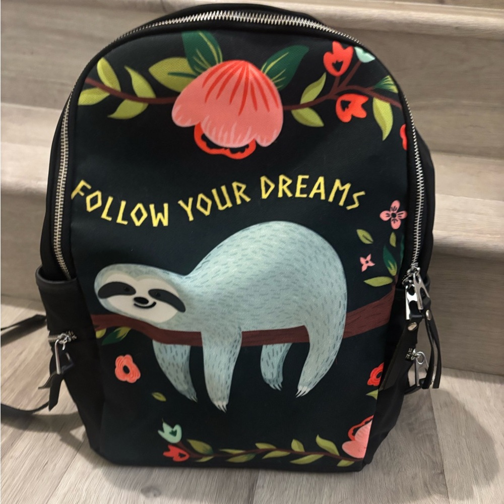 Follow Your Dreams Sloth Backpack - Black with Mint & Coral Accents